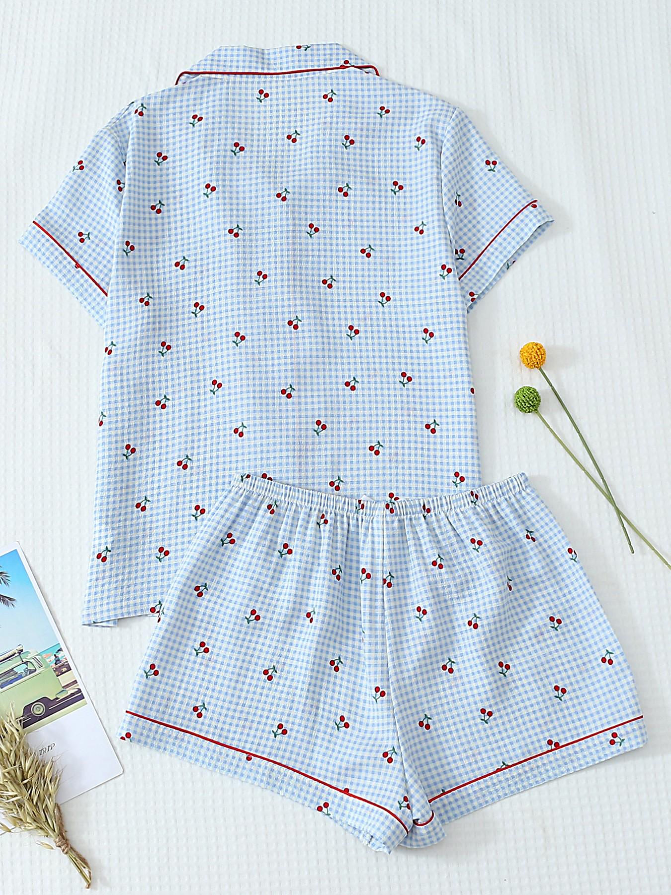 Women's Short Sleeve Button Down Top and Shorts Pajama Set, Spring Summer Wear, For Energetic Teen Girls, Blue White Gingham With Bright Cherry Print, Classic Lapel Collar, Loose Vitality Fit, Comfortable For Home & Gatherings