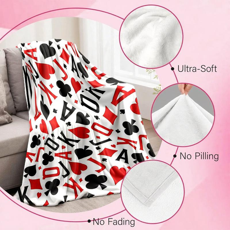 Trendy Poker Print Flannel Blanket, Soft and Warm, Anti-Pilling, Ideal for Naps, Camping, Travel, All Seasons Gift