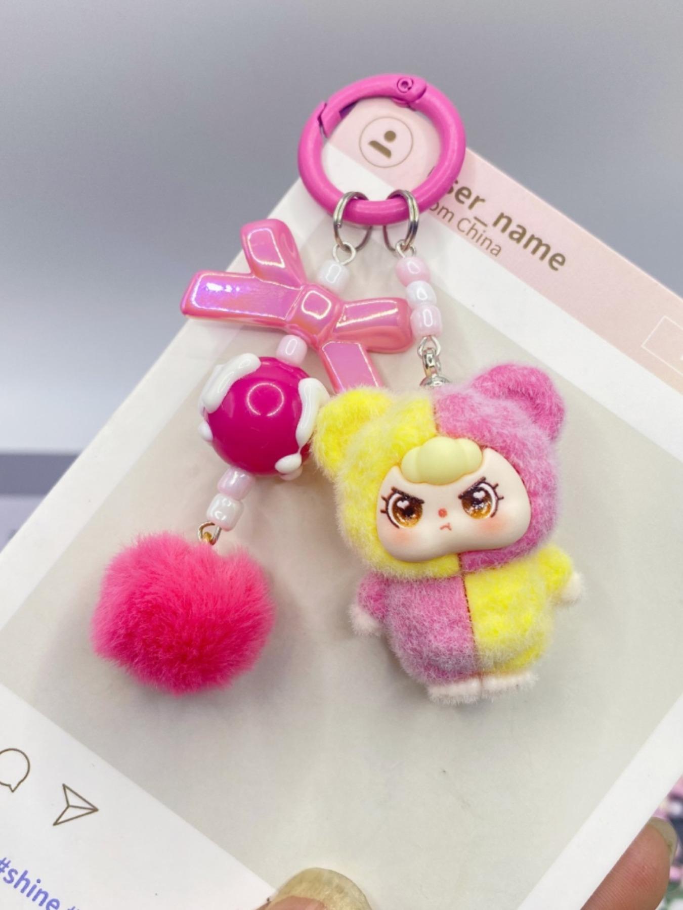 Kawaii Cute Dopamine Flocked 3-Year-Old Doll Keychain, Color Block Bow Moe Beads Bag Charm, Sweet Backpack Pendant Car Key Ornament Phone Strap, Ideal Birthday Christmas Valentine's Day Gift for Student Girls