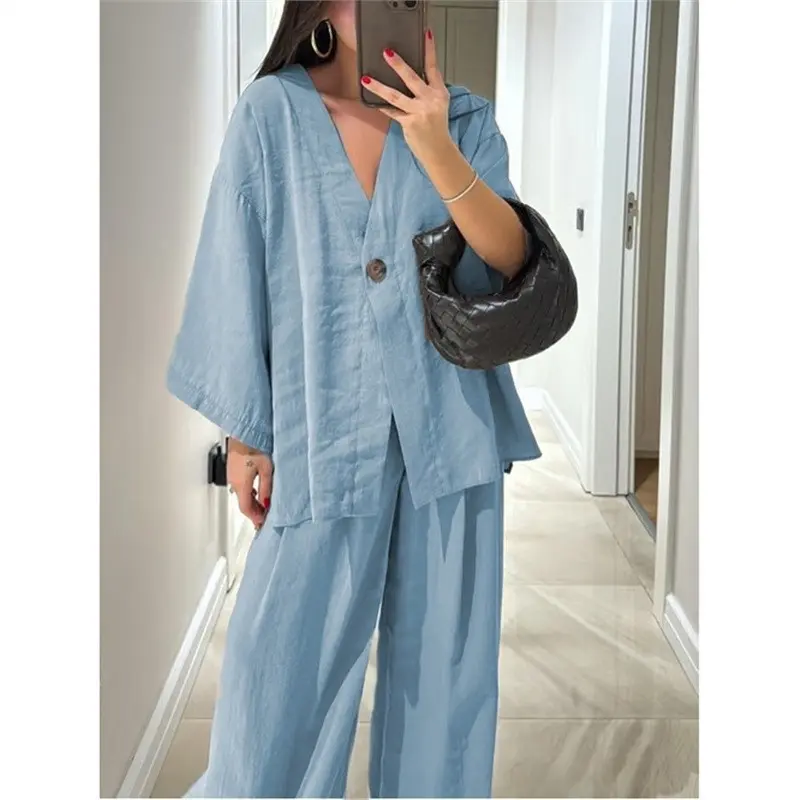 2026 Summer Solid Color Long Sleeve Loose V-Neck Cardigan + Wide-Leg Pants Set, High-End Two-Piece Outfit