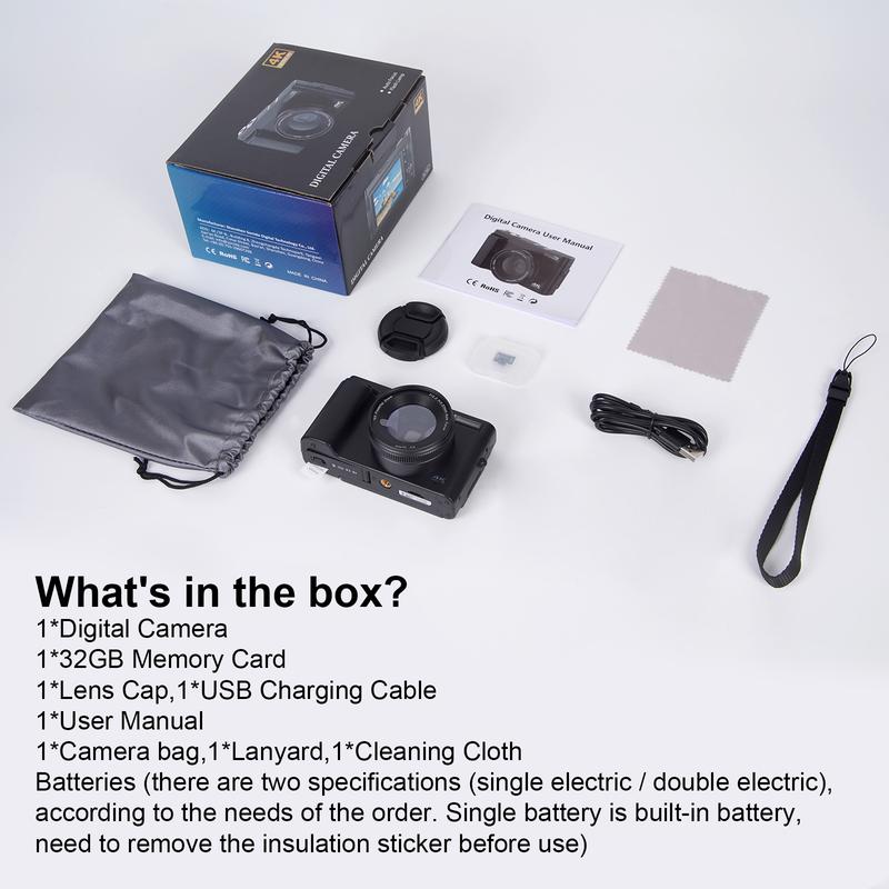 DC101 Digital Camera, 4K Video Recording & 48MP Auto Focus Camera, 180 Degree Flippable Display Camera, 16X Magnification Digital Camera with 32G Memory Card, Ideal Gift for Photography Beginners