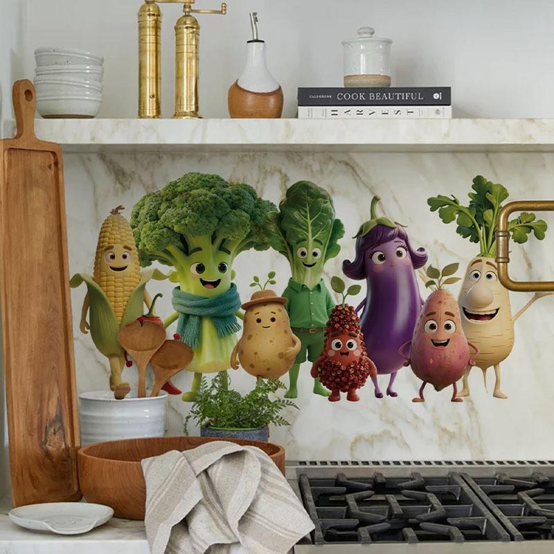 Cross-Border Emoji Vegetable Home Decor Wall Stickers, PVC Self-Adhesive Kitchen Restaurant Background Wall Decals, Easy to Apply