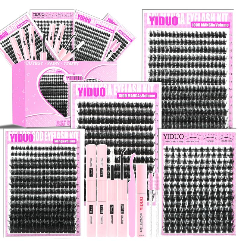 887 Pcs 4 Styles Lashes Kit 100D/150D/Manga/Volume Fluffy Eyelash Clusters Kit 10-18mm Cluster Eyelash Extension Kit D-Curl With Lash Bond and Seal*2, Lash Remover，Lash Tweezers,Eyelash Brush DIY at Home Easily