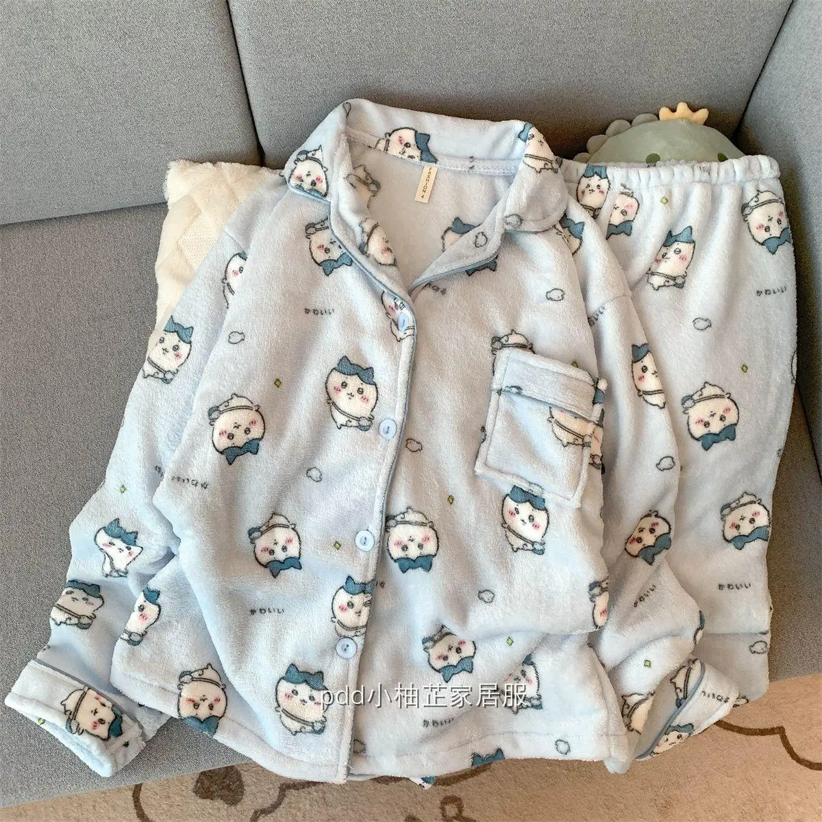Women's Winter Chiikawa Plush Pajamas Set Usagi Thickened Home Clothes Cute Girl Cartoon Kawaii Warm Nightwear Homewear New