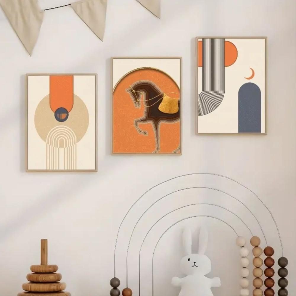 3-Piece Optional Wooden Frame Modern Bohemian Abstract Geometric Line Art Poster Waterproof Material HD Color Print High Color Accuracy Room Entrance Dining Decor