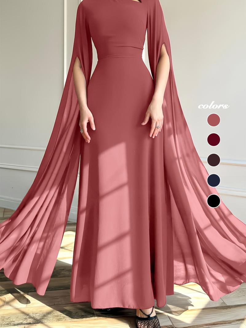 1pc Elegant Formal Evening Long Dress with Cape Sleeve, Wedding Guest Dress Women