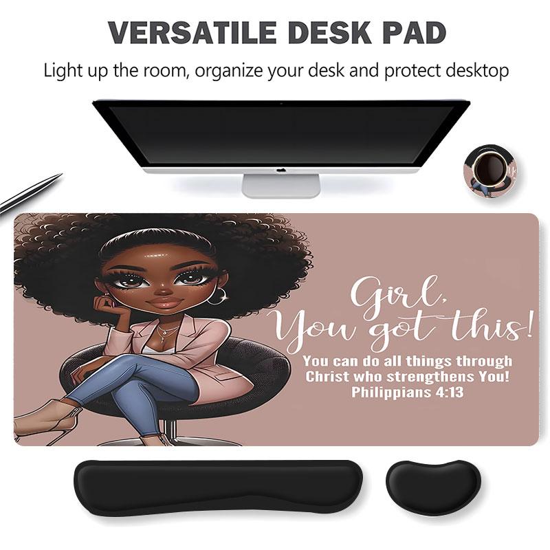 4pcs Inspirational Quote "Girl You Got This "Design Mouse Pad + Keyboard Wrist Rest + Ergonomic Mouse Pad + Coaster Set For Desktop Decoration, Office Accessories Set Ergonomic Wrist Support, Computer Mat Mouse Pad Coaster Suitable For Home Office Gaming