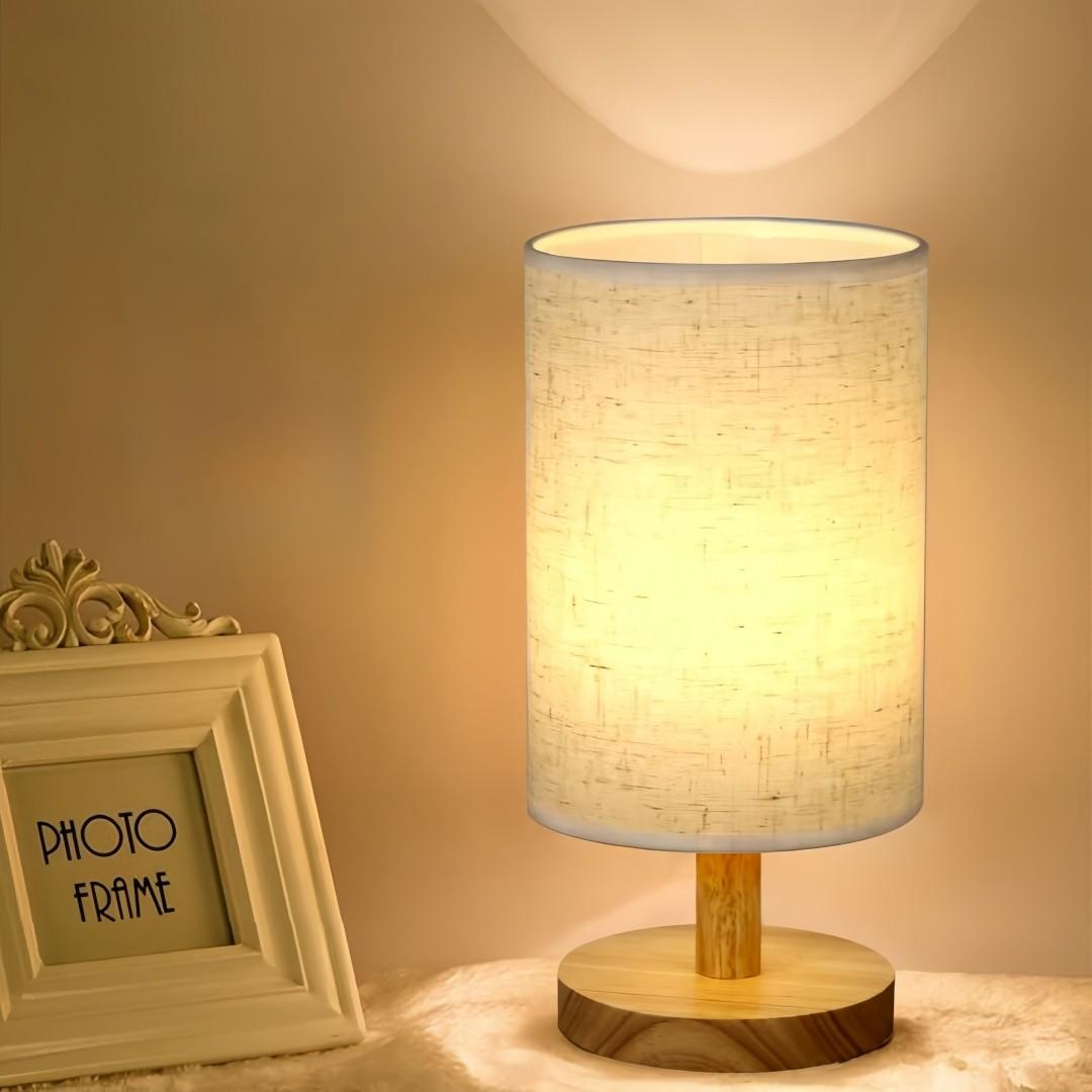 USB Bedroom Night Light, Linen Shade, Wooden Base, LED Lamp, Tabletop Installation, Ideal for Reading, Living Room, Office