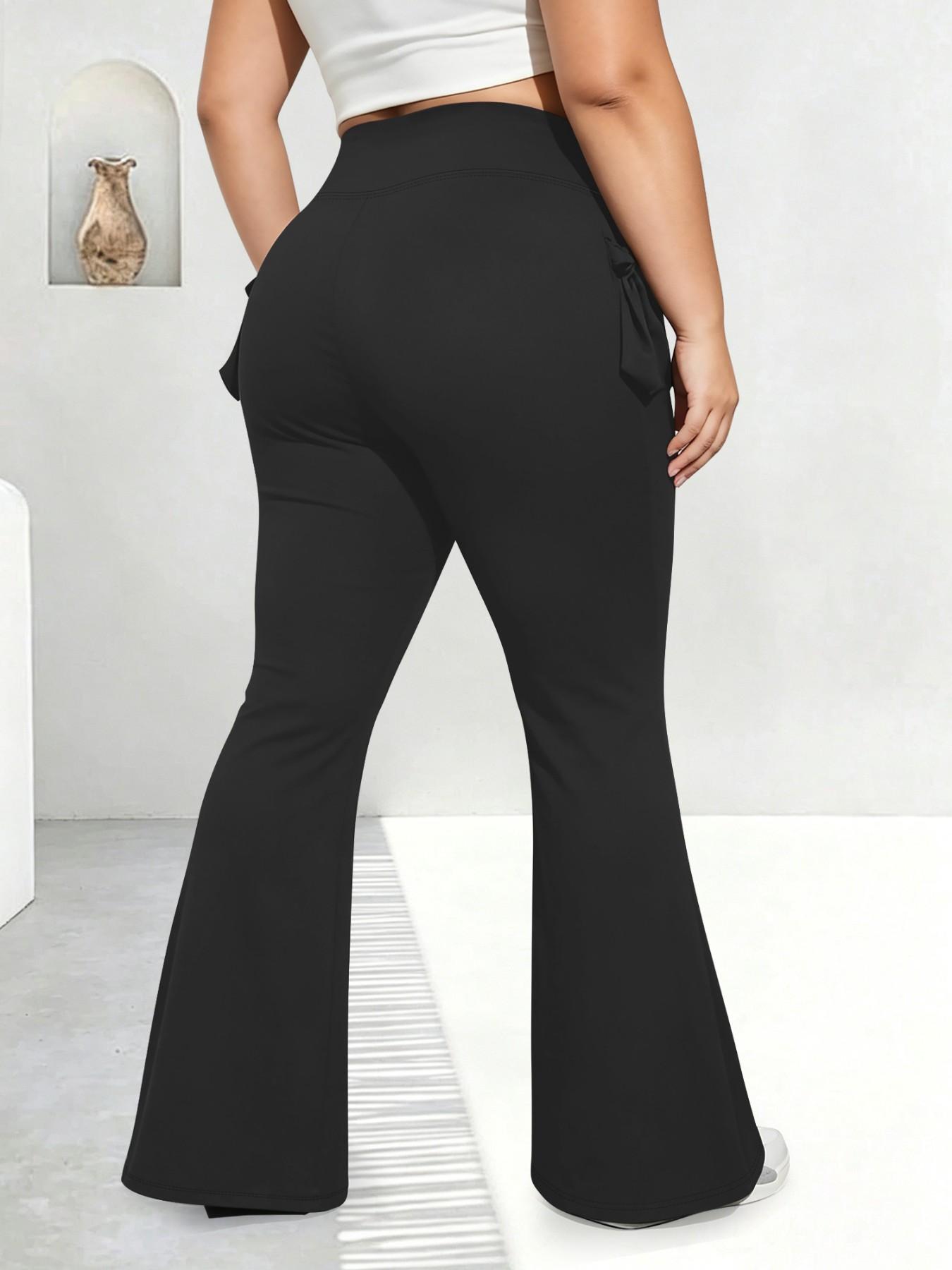 Plus Size High Waist Workwear Pocket Flare Pants, Tummy Control Butt Lift Yoga Pants, Side Pocket Sporty Flare Long Pants, High Elasticity, Active Leggings, Flare Legging