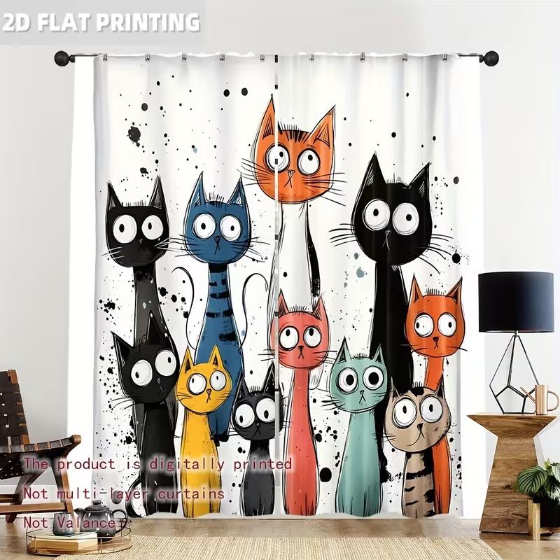 Whimsycat Light Filtering Curtains Set, Durable Polyester Material, Colorful Cartoon Cat Design, Easy Pole Pocket Hanging, Ideal for Bedroom Office Kitchen Living Room Study