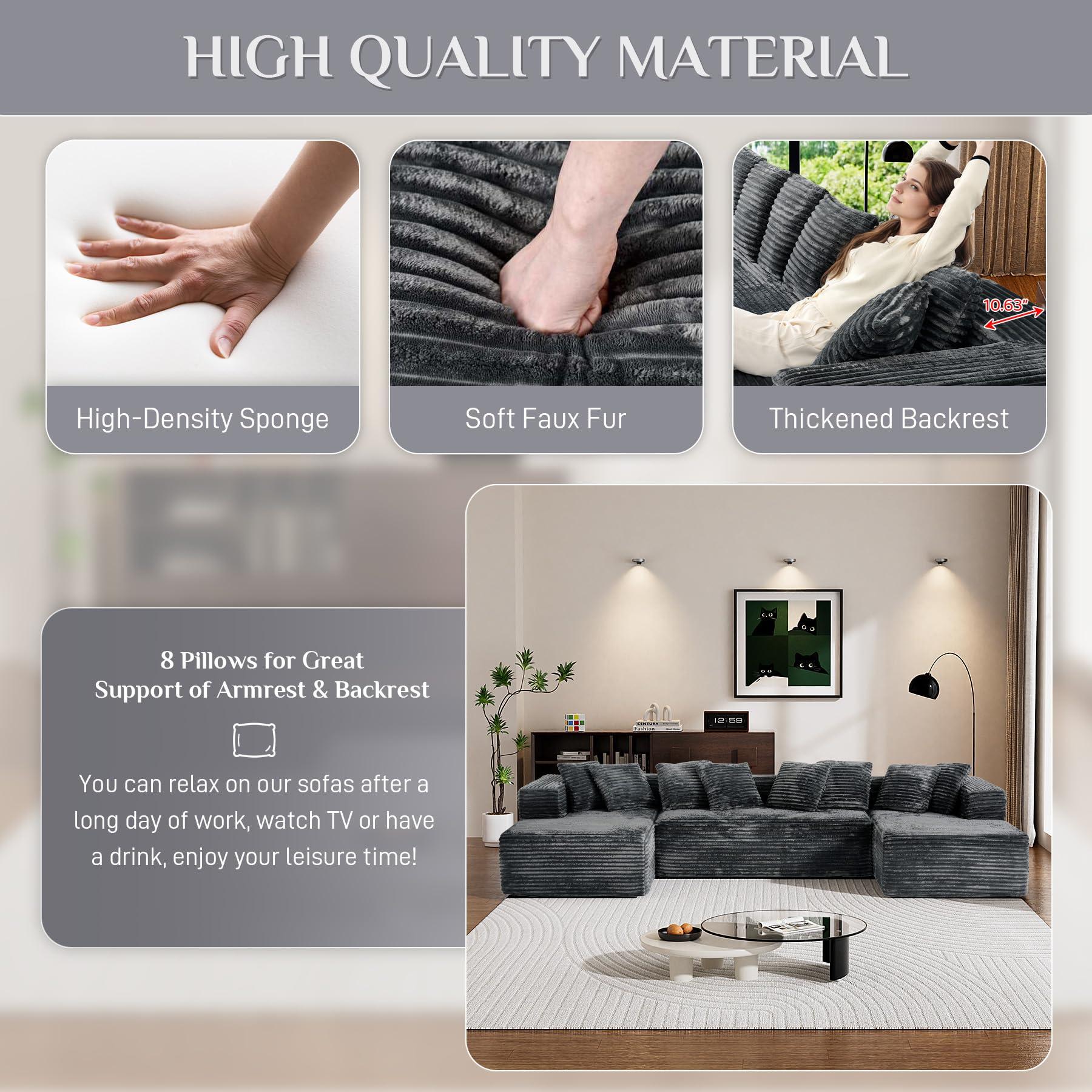 【3 Packages Shipping】Modular Sectional Sofa Cloud Couch 131" Black Boneless Sectional Couches for Living Room Comfy Deep Seat Plush Corduroy Sofa Modern Fluffy Memory Foam U Shape Couch with Chaise Lounge Modular Sectional Couch