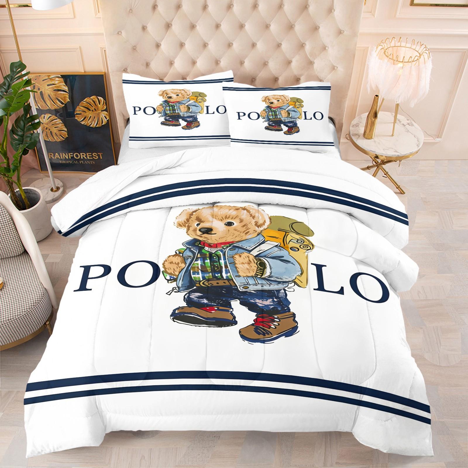 Ling grid patterned teddy bear printed bedding set, including 1 blanket and 1 or 2 pillowcases without pillowcases, soft children's or adult bedroom decoration gift Soft Bedding Sets