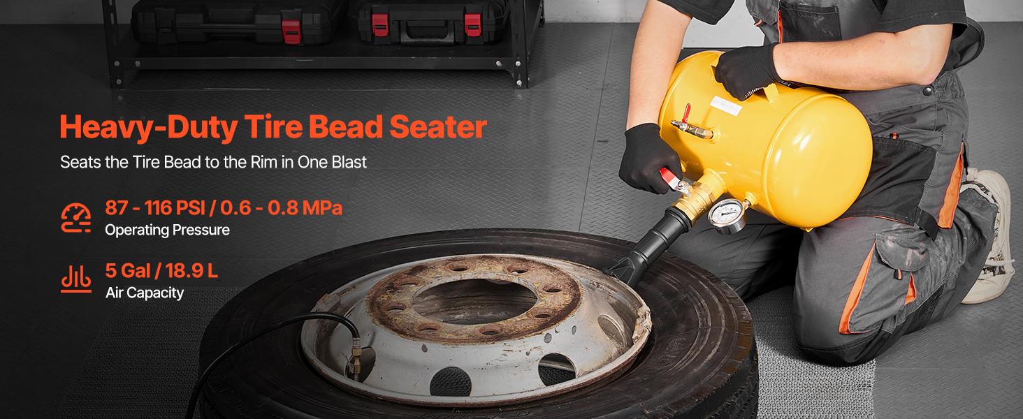 VEVOR Air Tire Bead Seater, 5 Gal/ 18.9 L, Heavy Duty Tire Bead Blaster Tool, 87-116 PSI Operating Pressure, Air Trigger Seating Inflator for Pickup, Truck, ATV, Jeep, Van, Lawn Tractor, RV, Yellow
