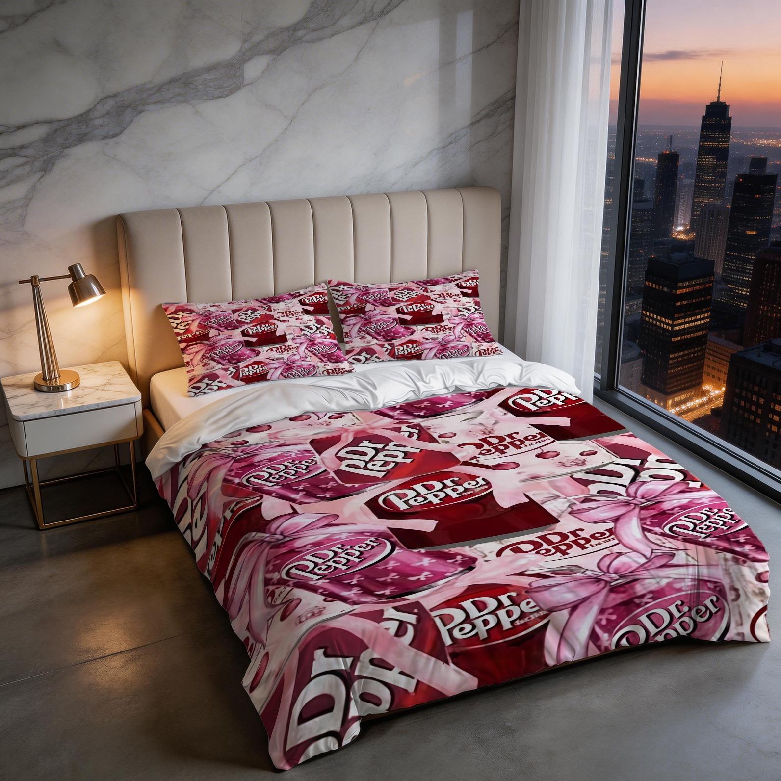 2/3 Piece Dr Pepper Duvet Cover Set, 1 Duvet Cover + 1/2 Pillowcases (NO FILLING INCLUDED), Retro Soda Drink Themed Bedding, Cute Floral Bedroom Decor for Soda Lovers, Ideal Gift for Dr Pepper Fans