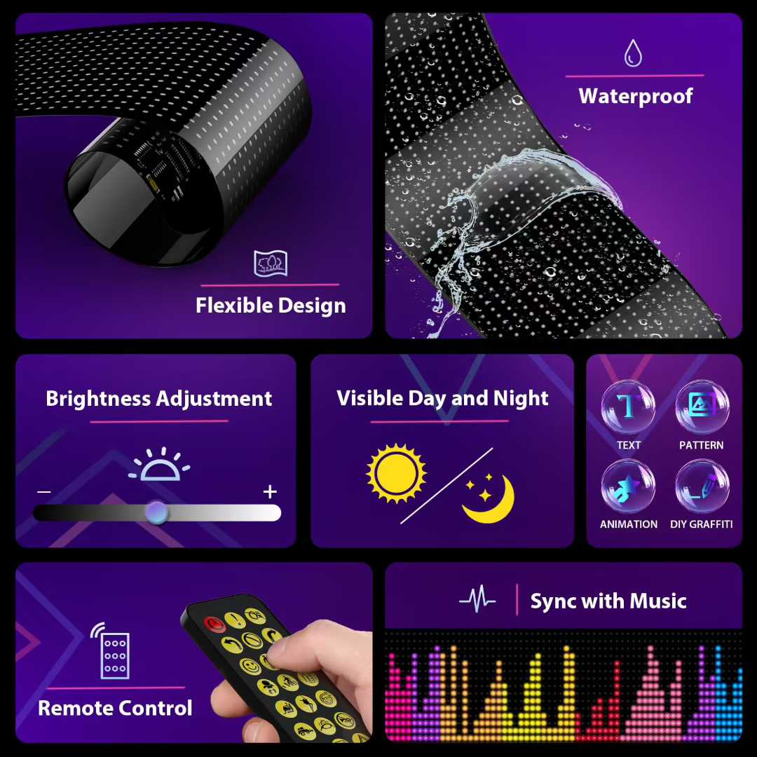 Scrolling LED Sign, Programmable Flexible LED Digital Display, Smart APP Control&Remote Control Custom Text DIY Pattern Animation Matrix Panel Board Banner LED Lights Car Accessory for Car Concert Party Bar Hotel Store Decor