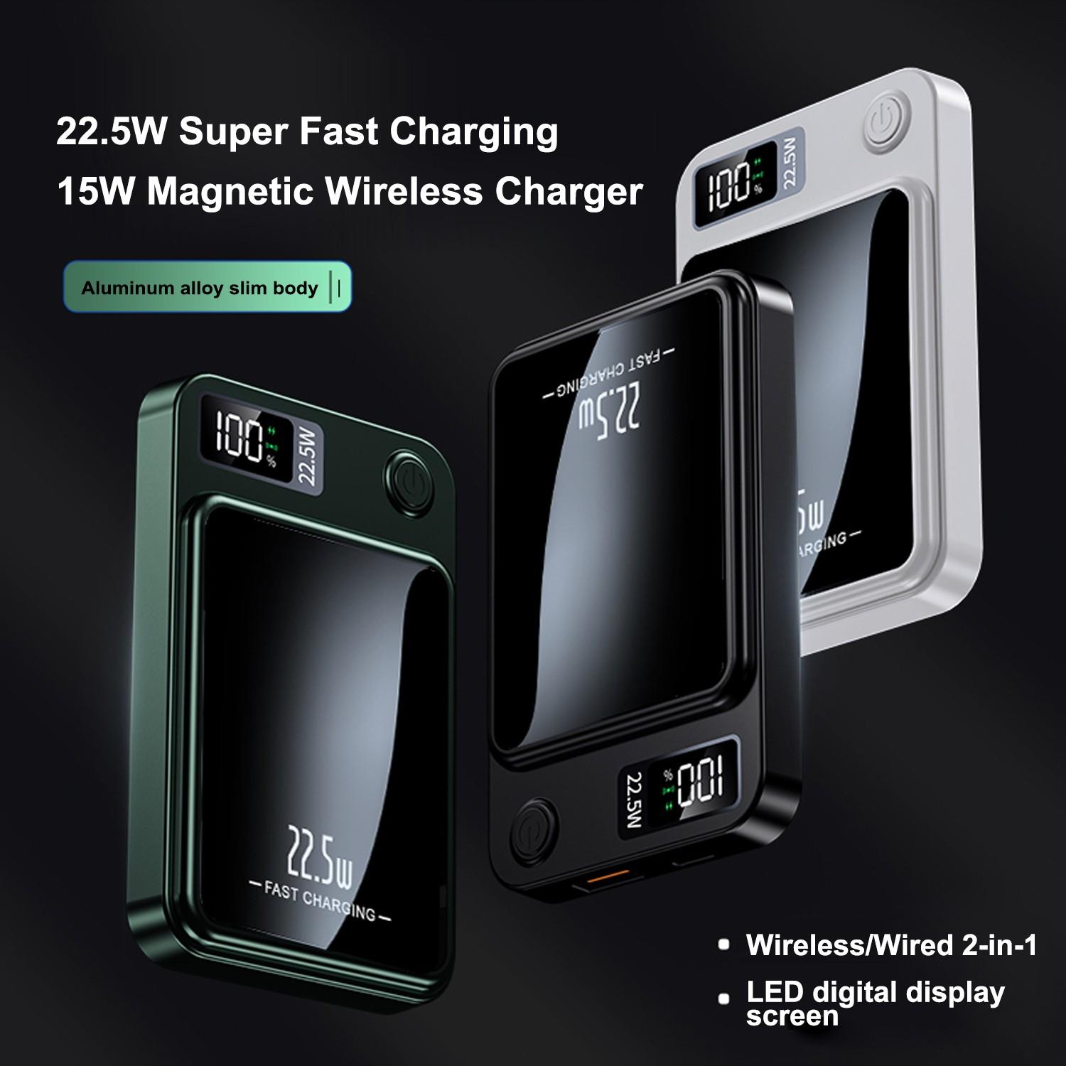 SIFOX Ultra-thin Magnetic Wireless Charging Battery 22.5W Ultra-fast Charging + 15W Magnetic Wireless Charging Type-C + USB Dual Output LED Digital Display 5000mAh Portable Power Bank for iPhone and Android Devices