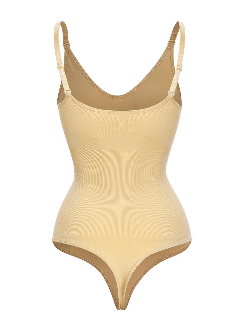 Women's Solid Backless V Neck Shapewear Bodysuit Curve Hugging Compression, Hook Eye Design Basic Minimalist Adjustable Strap Bodysuit, Ladies Shapewear for Daily Wear, Tummy Tuck Garment