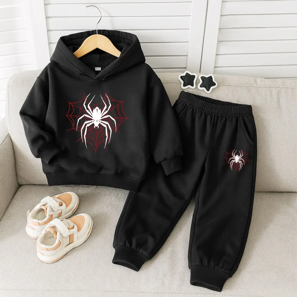 Kids’ Unisex Spider Graphic Hoodie and Jogger Set, Fleece-Lined 2-Piece Tracksuit for Boys and Girls, Trendy Fall Winter Streetwear Outfit, Casual Indoor & Outdoor Wear