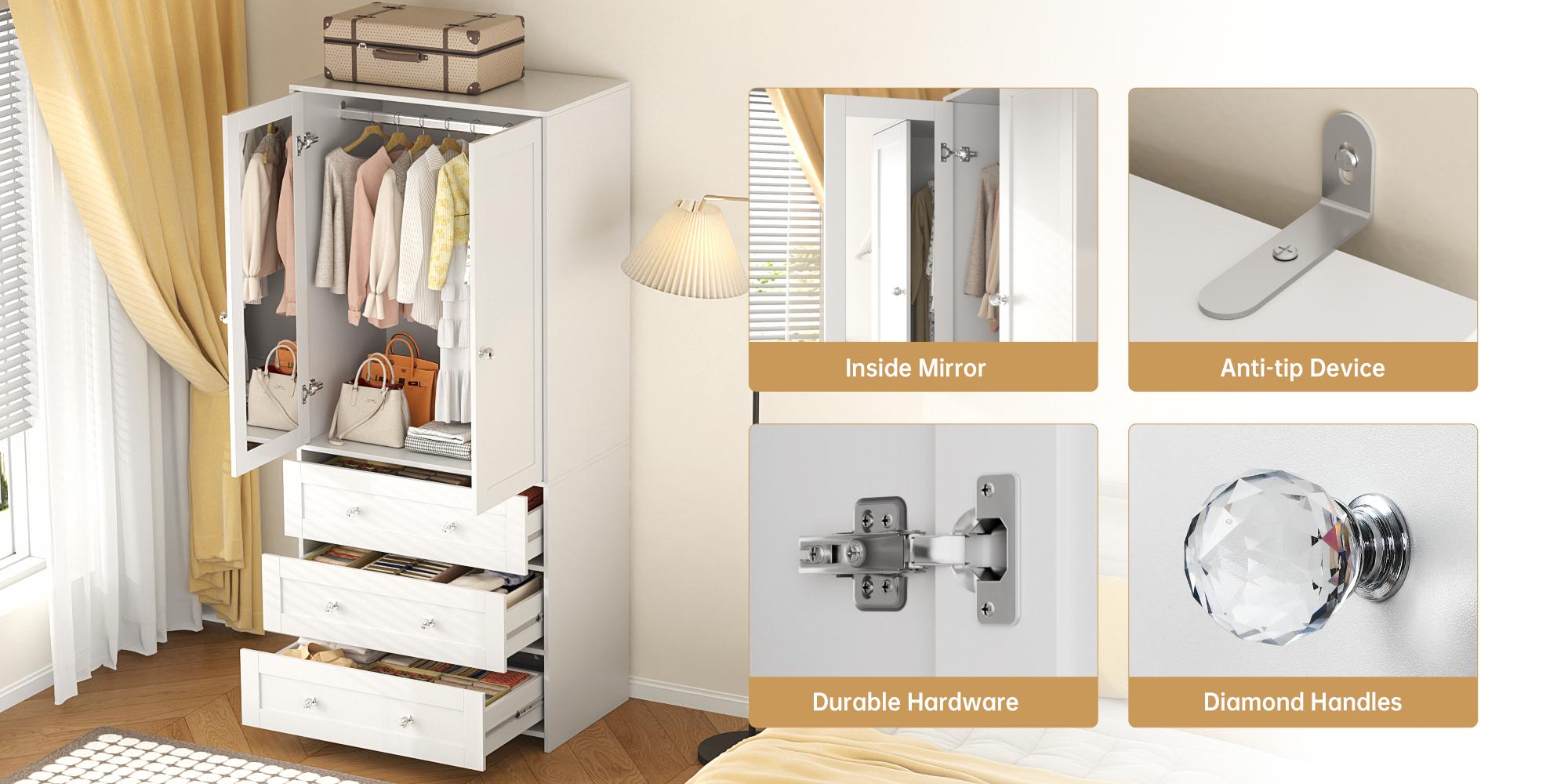 VOWNER Freestanding Wardrobe, 71" High Closet with 2 Doors and 3 Drawers, Bedroom, Living Room