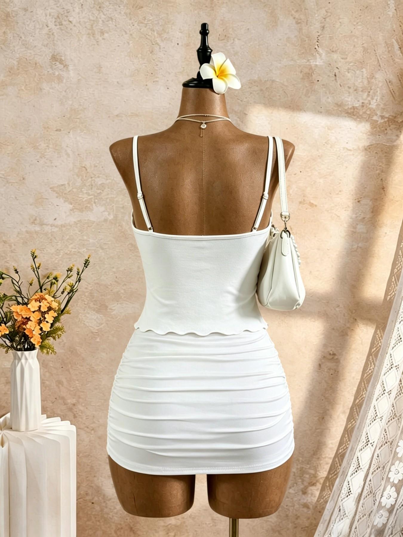 Women's Aesthetic Solid Color Knot Front Halter Top + Pleated Bodycon Mini Dress Set, Outfit, Sleeveless Thin Straps Hollow Out Design, Nightclub Party