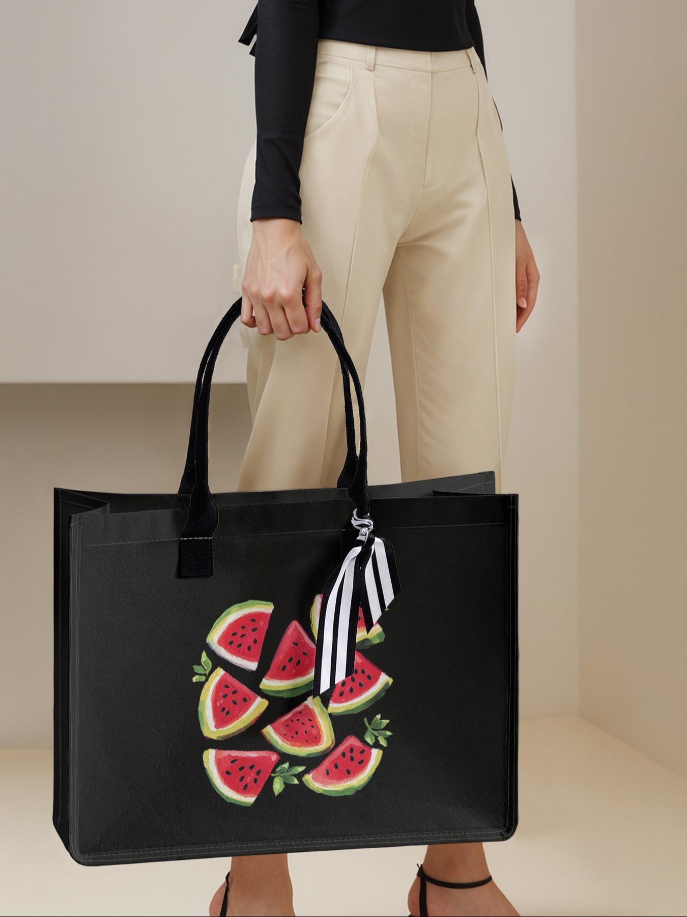 Large Capacity Watermelon Pattern Storage Bag, Fashionable Shopping Bag, Durable Handle, Space Saving Multi-Purpose, Ideal for School, Travel, Shopping
