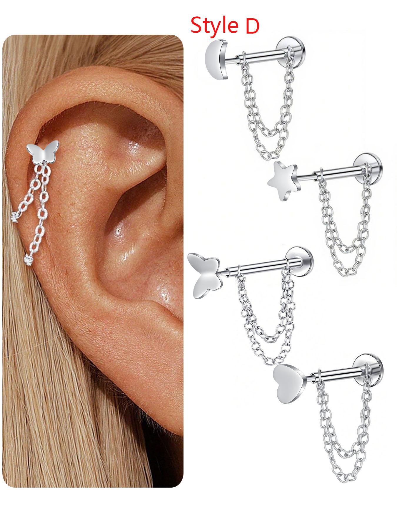 Unisex Stainless Steel Cubic Zirconia Earrings, 20G Push-Back Studs with Double Chain Design, Fashion Ear Jewelry, Trendy Jewelry Accessories, Perfect Gift