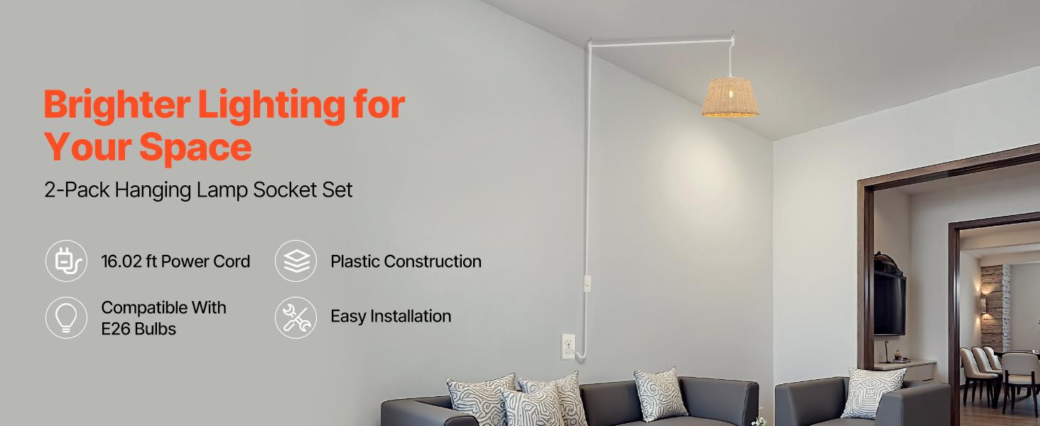 VEVOR Plug in Hanging Light Cord Kit, 16ft Lantern Extension Cords, 2 Pack E26 Light Socket Lamp Cord Replacement, Secure Sturdy, Easy to Install, Pendant Lamp Kit On/Off Switch Socket Rings