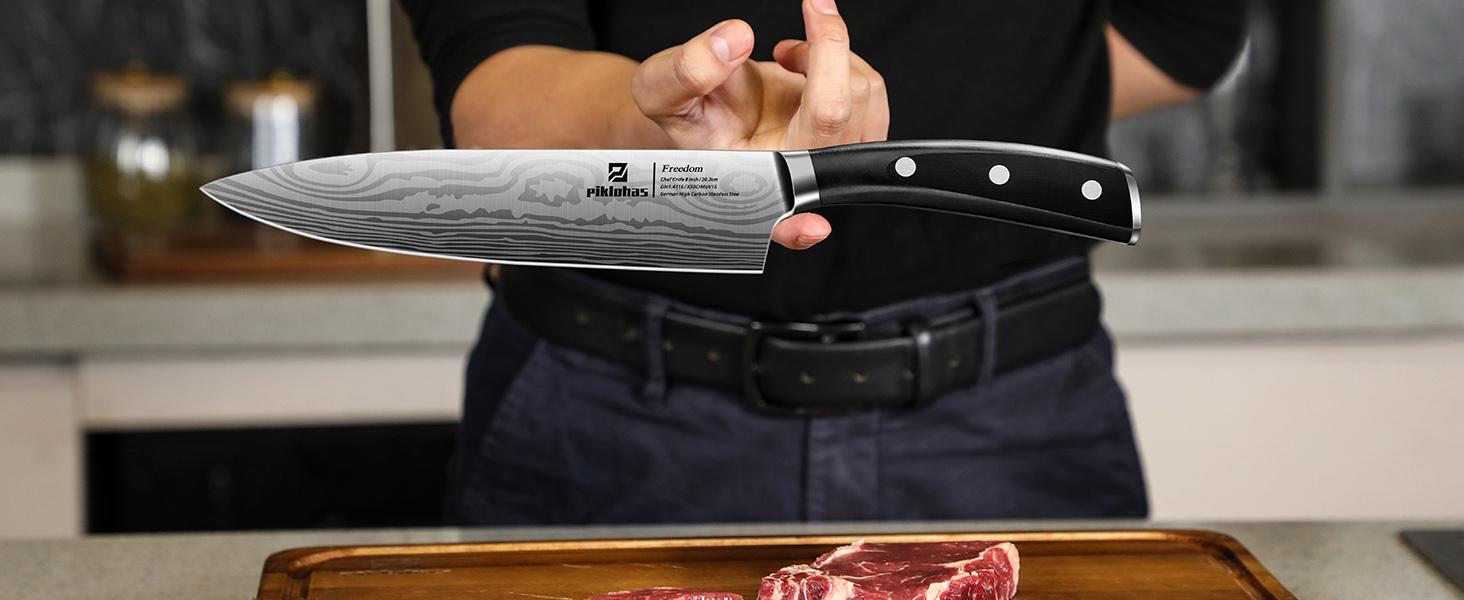 PIKLOHAS 17-Piece German High Carbon Stainless Steel Damascus Look Kitchen Knife Set with Magnetic Hold Block, Full Tang Sharpener, High Hardness Steak Knives, TikTokShopJumpstart, Valentine's Day Gift, Chef Knives