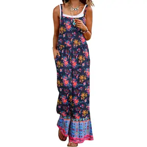 Women's Summer Boho Jumpsuits Casual Wide Leg Bib Overalls Floral Print Patchwork Rompers with Pockets