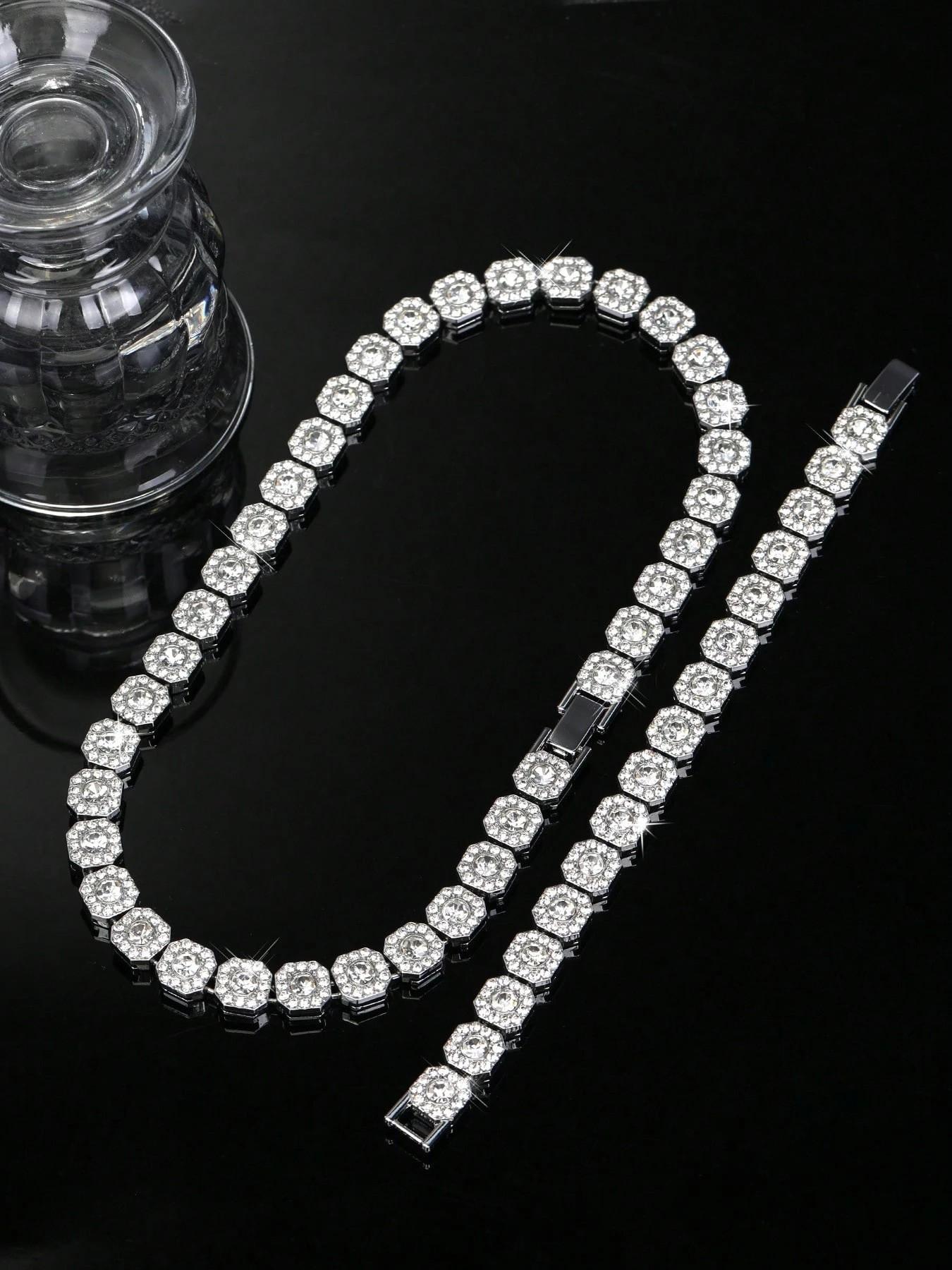 Men's and Women's Rhinestone Cuban Chain Necklace Set, Full Diamond Square Design, Street Party Jewelry, Unique Gift Idea