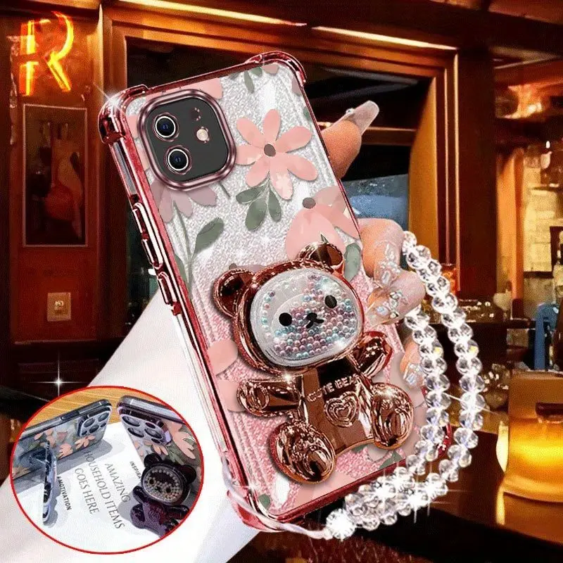 1 Piece iPhone 11 Lovely flowers Bear stand and beaded lanyard