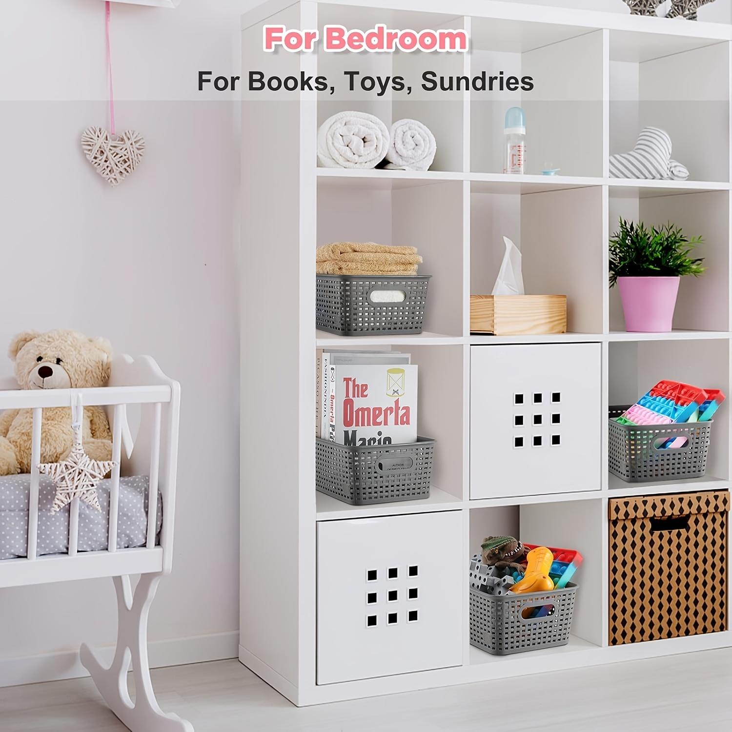 6-Piece Set of Plastic Storage Baskets with Lids (Black/White/Gray) — Stackable Decorative Organizer Bins for Shelves, Drawers, Desktops, Closets, Playrooms, Classrooms, and Offices