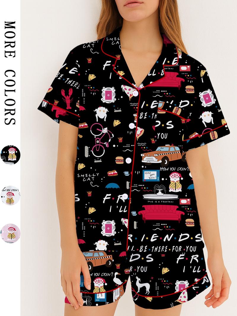 Women's Friends TV Show Sleepwear Loungewear Set, Spring Lapel Shirt & Pants Two-Piece, Short Sleeve Shorts, Party Wear, Fitted Pop Art Print