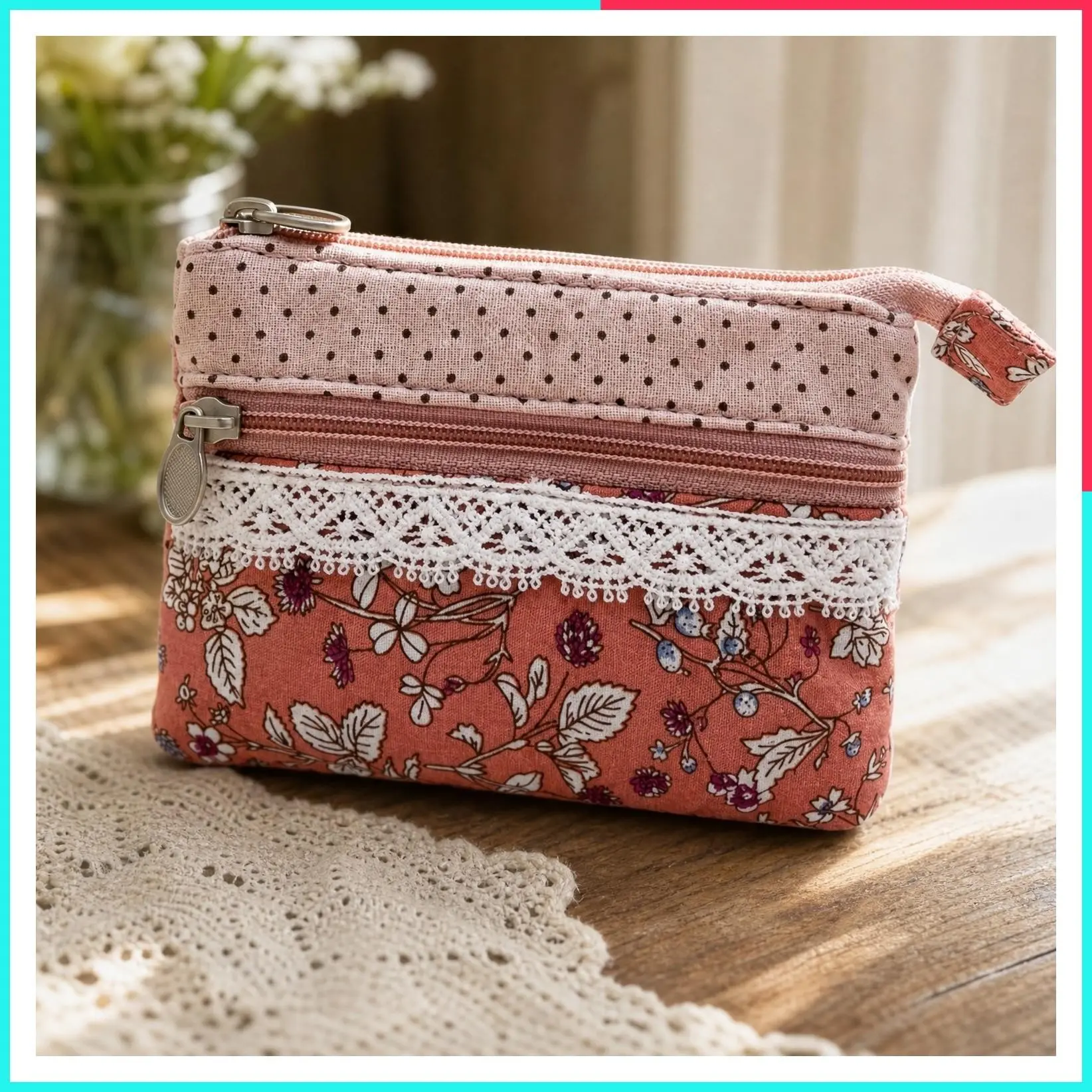 Handmade Floral Embroidered Cotton Coin Purse for Women, Small Double Zipper Wallet Change Pouch