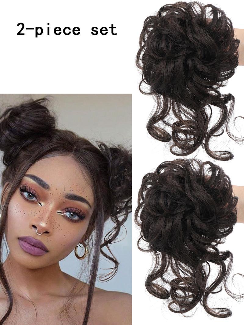 2 Piece Bun Set Messy Updo Bun Hair Loop Fake Hair with Braid Elastic Hair Accessory Tail Ladies Soft Synthetic Hair Synthetic Curly Ponytail Curly Wave Hair Coil Thick Updo Hair Loop Everyday Synthetic Bun Natural Hair Color