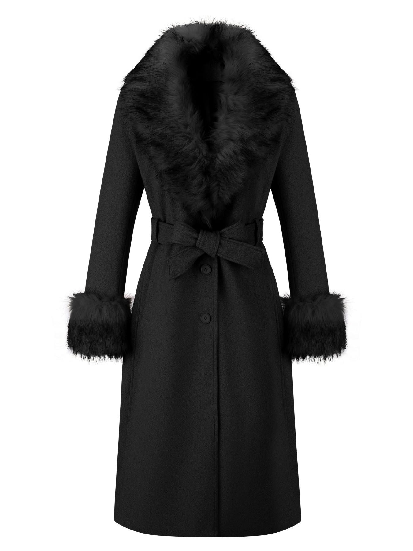 Women's Fall Winter Mid-Length Solid Color Coat, Warm Fitted Coat with Fur Collar, Waist Belt & Pockets, Casual Style, Jackets