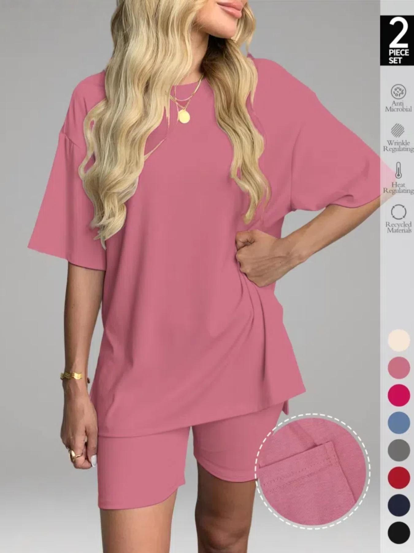 Women's solid color T-shirt and fitted shorts loungewear set, summer casual comfortable round-neck pajamas with pockets, loose fit, affordable women's sleepwear