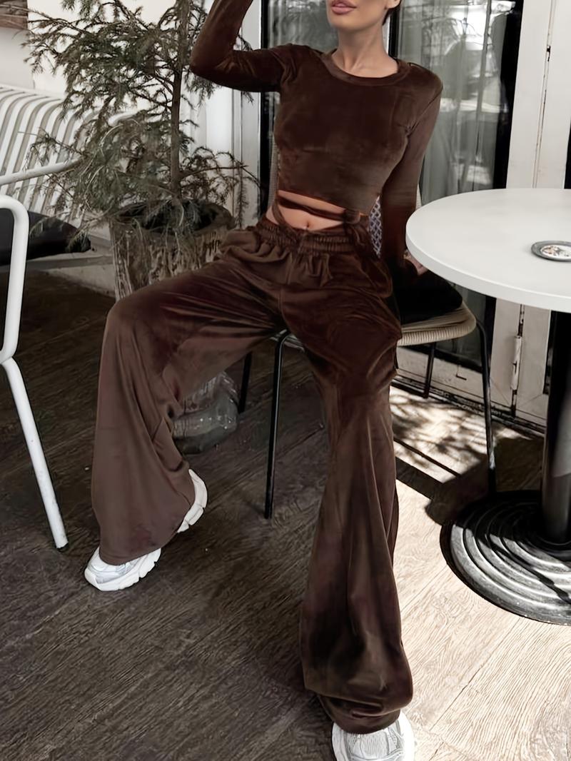 Autumn Winter Casual Knit Elastic Velvet Silk Round Neck Top Pocket Long Pants Home Wear Loungewear Two-Piece Set