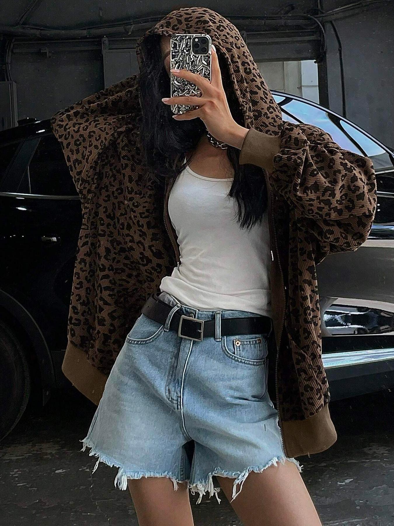 Women's Leopard Print Hooded Zipper Jacket, Casual Slim-Fit Fall & Winter Coat, Drawstring Design, Thick Kint Fabric