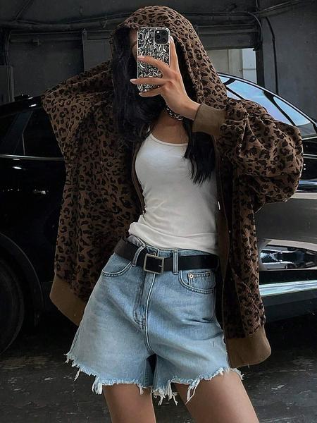 Women's Leopard Print Hooded Zipper Jacket, Casual Slim-Fit Fall & Winter Coat, Drawstring Design, Thick Kint Fabric