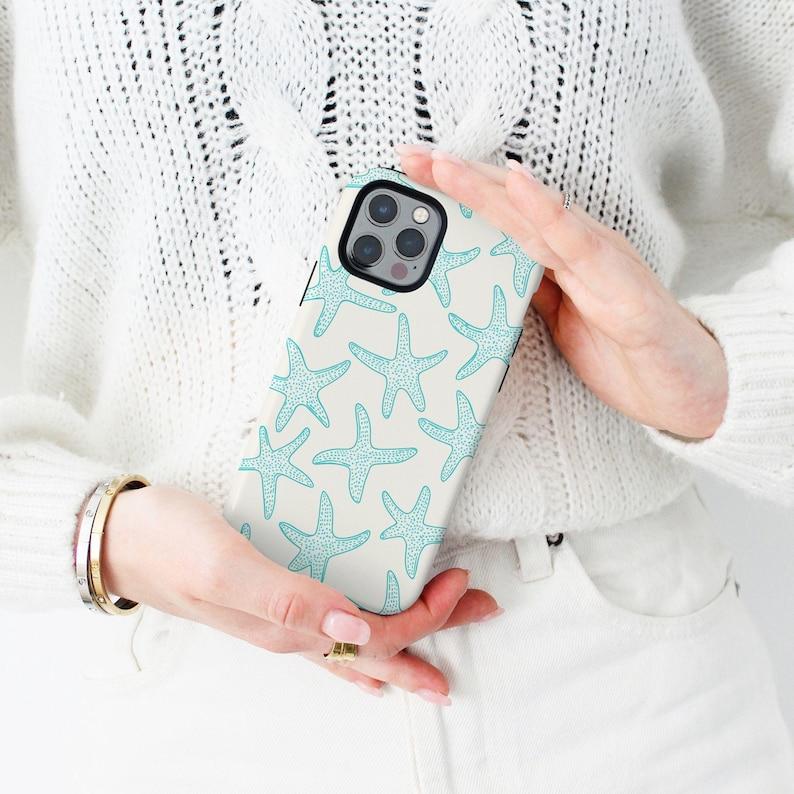 Turquoise Starfish on Off-White Coastal Print Phone Case — Compatible with Samsung S26/S25/S24/S23/S22/S21, iPhone 17/16/15/14/13/12/11, Drop-Resistant, Non-Slip, and Fade-Resistant, Nautical Summer Beach Protective Cover