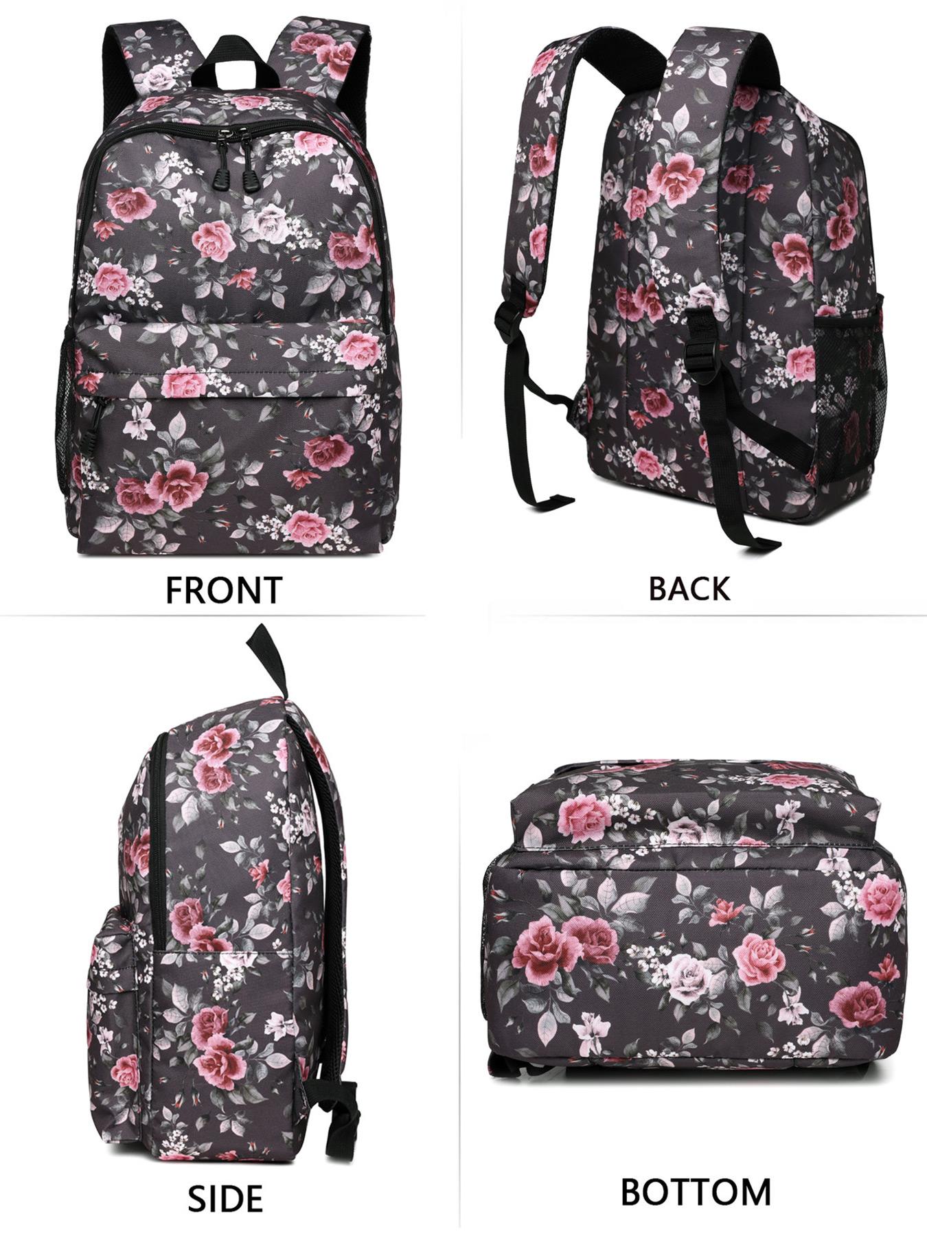 Large Capacity Waterproof School Backpack, Rose Pattern Laptop Bag, Multifunctional Travel Bag for Men & Women, Lightweight College Backpack