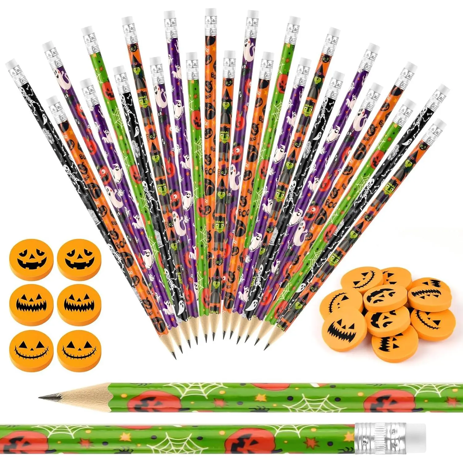 24 count Carton Halloween Pencils with 24 count  Pumpkin Erasers Sets in Bulk for  Funny Erasers Cute Pencils for Holiday Goodie Bags Fillers Gifts School Classroom Rewards Supplies (Hallween)