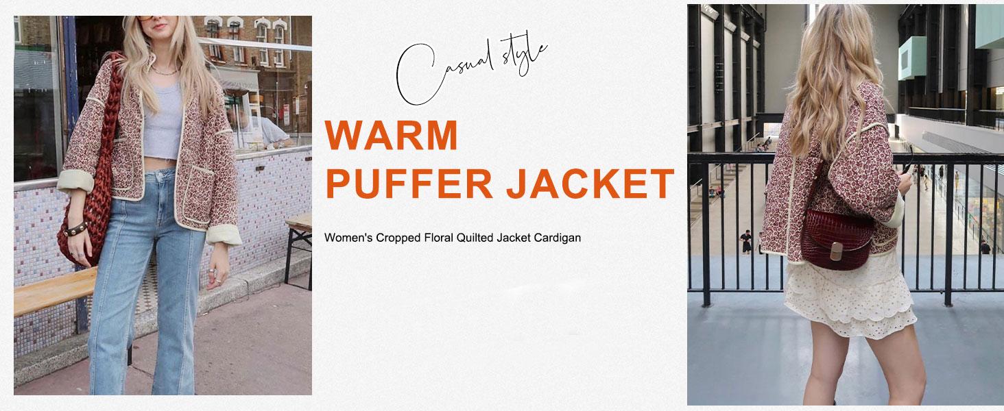 SCUSTY Women's Lightweight Cropped Floral Quilted Puffer Jacket Printed Open Front Cardigan with Padded Design Puffer Coat