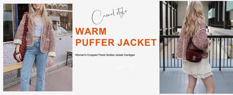 SCUSTY Women's Lightweight Cropped Floral Quilted Puffer Jacket Printed Open Front Cardigan with Padded Design Puffer Coat SCUSTY Women's Lightweight Cropped Floral Quilted Puffer Jacket Printed Open Front Cardigan with Padded Design Puffer Coat