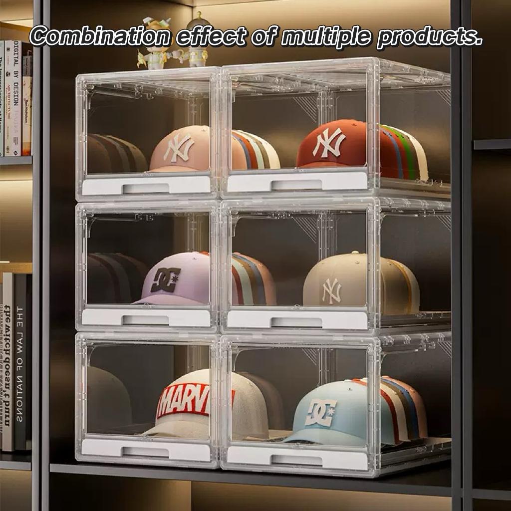 Baseball Cap Storage Box Set, Transparent Hat Organizer Case with Drawer & Sliding Tray, Stackable Display Rack Holds Up to 12 Caps
