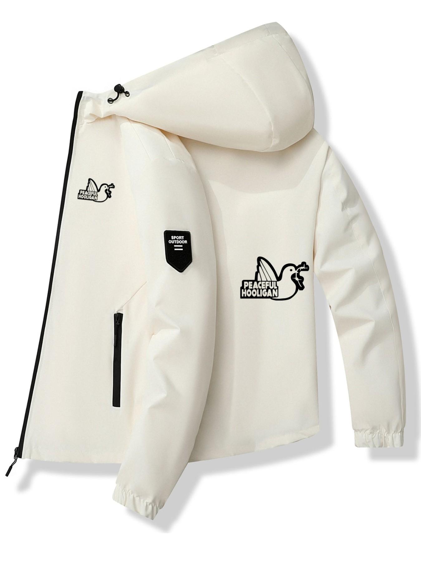 Peace Dove Letter Hoodie Jacket, Polyester Fabric, Bold Print Design, Casual Slim Fit, Spring & Fall Fashion, Trendy Daily Wear Outerwear