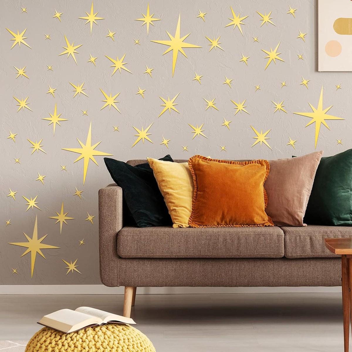 82 Piece 3D Acrylic Star Mirror Wall Stickers, Detachable Self-Adhesive Decorative Decals, Ceiling Bedroom Living Room Girl's Room, /silver Color