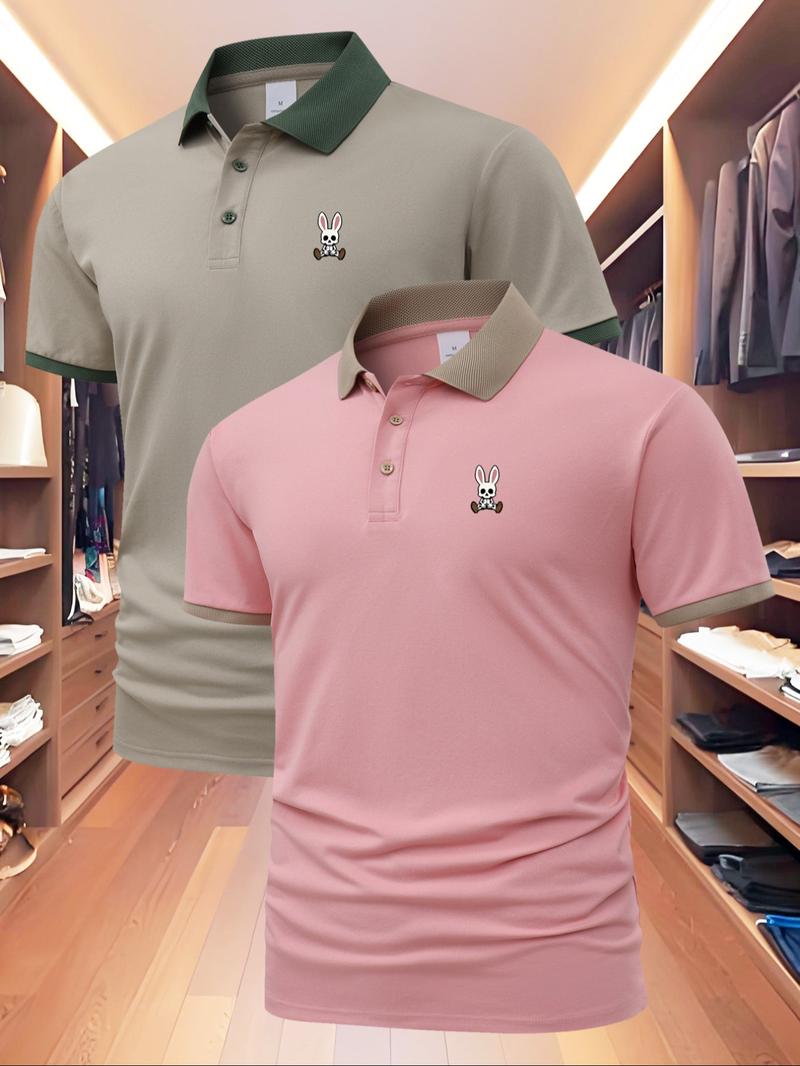 Men's Regular Fit Rabbit Print Polo Shirt, Casual Short Sleeve Collared Top for Summer, Fashion Men's Clothes for Daily Wear, Tropical