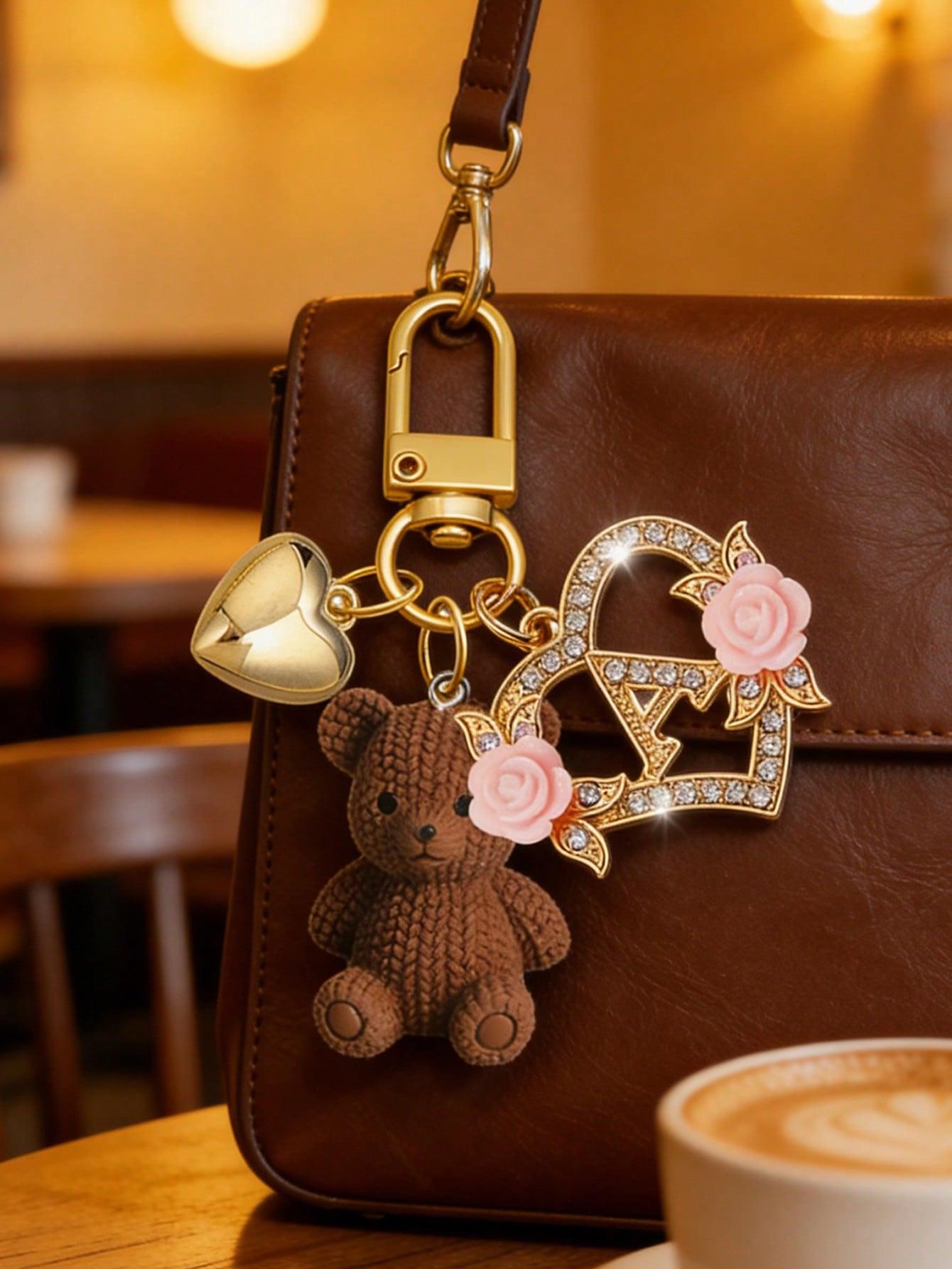 1 letter teddy bear keychain, hollow heart-shaped flower letter design, cute bear pendant charm suitable for handbags, wallets, backpacks, travel bags, Bag Charms, decorative keychain suitable for gym, classroom, games, Keychain Accessory